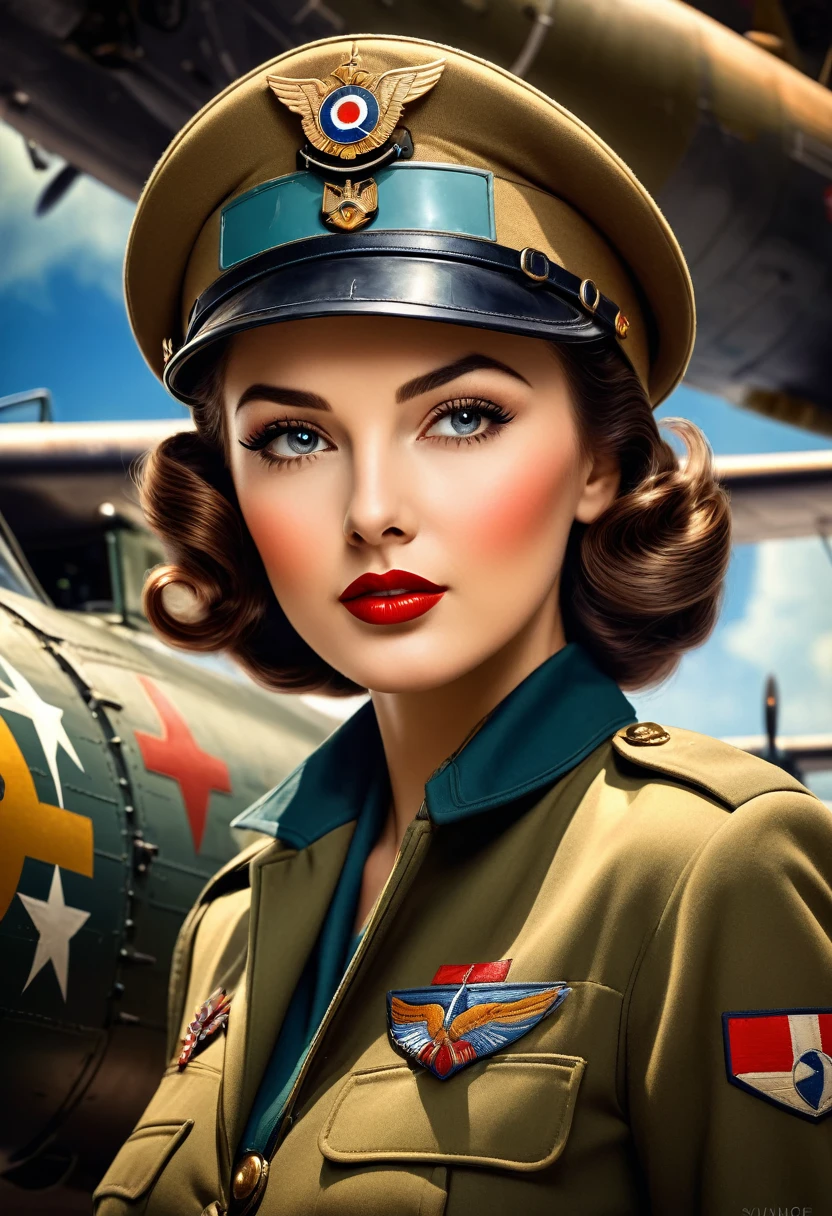 a beautiful woman, art deco style, world war 2 bomber nose art, intricate details, highly detailed, photorealistic, dramatic lighting, vibrant colors, cinematic composition, stunning facial features, alluring expression, elegant hairstyle, vintage military uniform, detailed textures, glossy metallic accents, dynamic pose, atmospheric background, cinematic lighting, masterpiece