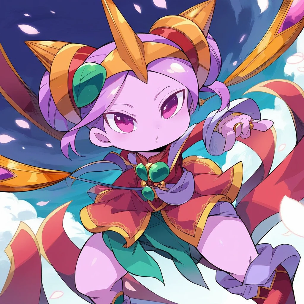 Create a full-body of a youthful Japanese loil with an energetic and determined expression. The character have a double hair bun secured with a golden headband, and the face should feature bold red and dark Peking opera makeup with eyes full of courage and resolution. The facial features need to be highly realistic, with particular attention to the eyes, nose, and mouth. 
Wide angle view, fisheye lens technique, fixed camera position. 
The Character Portrayal: 18 year old beautiful loil Ming Dynasty warrior, head hairstyle: dark double bun hair, combed into two double sideburns similar to Chunli's hairstyle; she is wearing a pink or purple lavender embroidered belly-band, green three-petal lotus-leaf wrist guards, a light green lotus-leaf skirt, bare feet without shoes, green ankle guards and three-petal lotus-leaf ornaments, each fire ring on her left and right feet, which follow the movements of her feet with a slight fluttering motion. 
She holds a chinese long spear in her left hand, the tip of which glints with a cold light. In her right hand hold a Gold Hula ring. The back is encircled by the red float Dunhuang ribbon , which follows the movement of her back with a slight sway. 
Movement: Ne Zha's overall direction of movement pans slightly towards the [top] of the screen, the direction of her cute head [slightly upwards to the right], the direction of her upper torso [upwards], the direction of her left arm's movement [slightly upwards], the direction of her right leg's movement [downwards], and the left leg's movement [downwards] as well. 
High Performance, Slow Motion, 4K, 3DCG, Unreal Engine, Game CG, Game Demo, High Surface Count, Ne Zha's delicate toes, Hanging Weiya, Ne Zha's delicate features. {{masterpiece}}, best quality, illustration, 1 girl, {double bun}, small breast, beautiful detailed eyes.