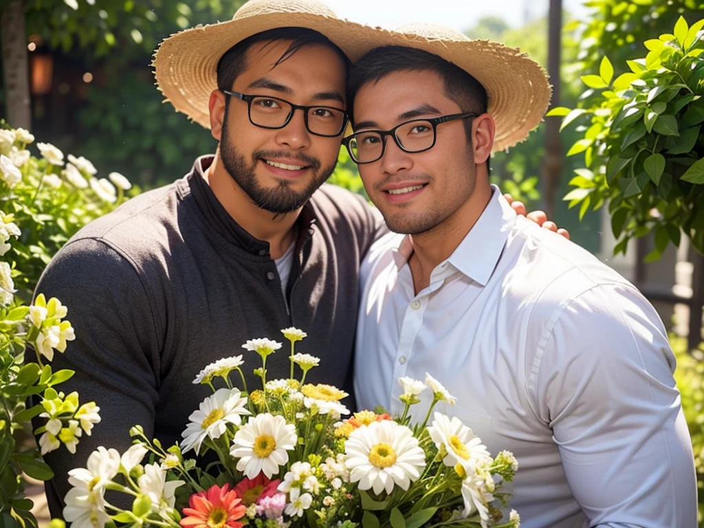crew cut, (((full body))), mature man, [slightly fat], asian man, brown eyes, rounded face, glasses, slightly balding, (big shoulders), (((stubbles, Short beard))), (((full beard))), (Beautiful eyes:1.3), (Detailed face:1.3), cowboy shot, hold a flower bouquet, in a flower garden, white shirt and straw hat, smile, happy,