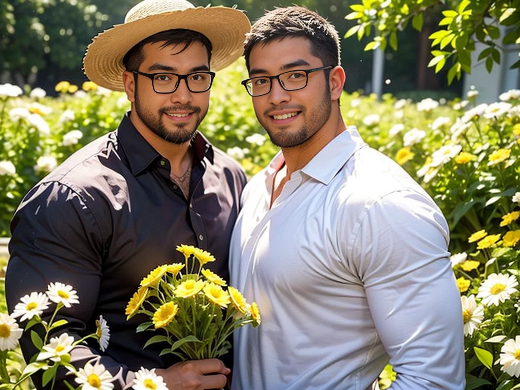 crew cut, (((full body))), mature man, [slightly fat], asian man, brown eyes, rounded face, glasses, slightly balding, (big shoulders), (((stubbles, Short beard))), (((full beard))), (Beautiful eyes:1.3), (Detailed face:1.3), cowboy shot, hold a flower bouquet, in a flower garden, white shirt and straw hat, smile, happy,