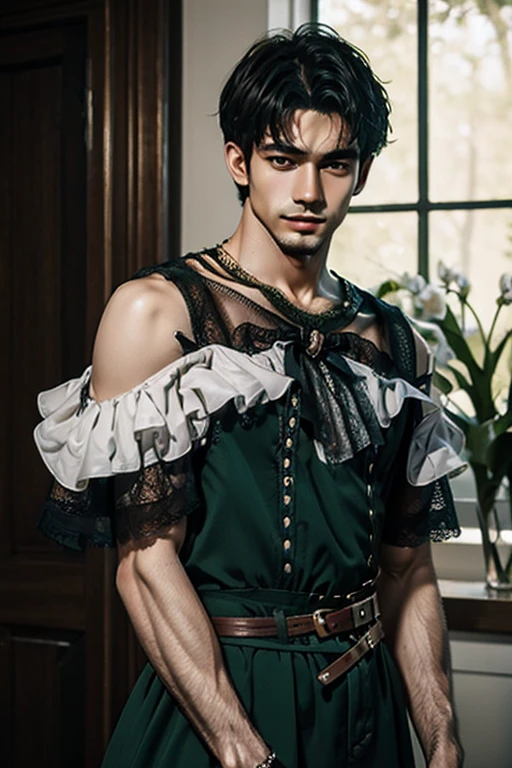 Young man wearing long green dress , off shoulder , hot man, hot male