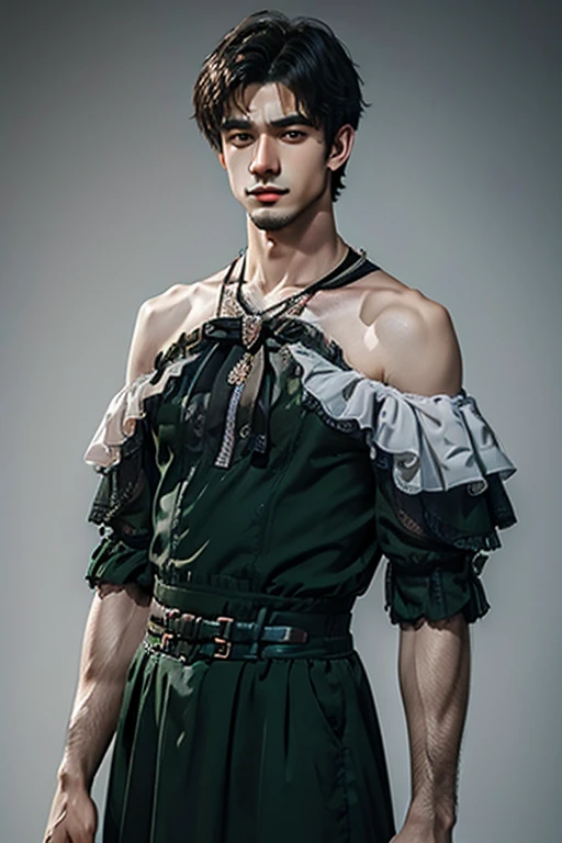 Young man wearing long green dress , off shoulder , hot man, hot male 