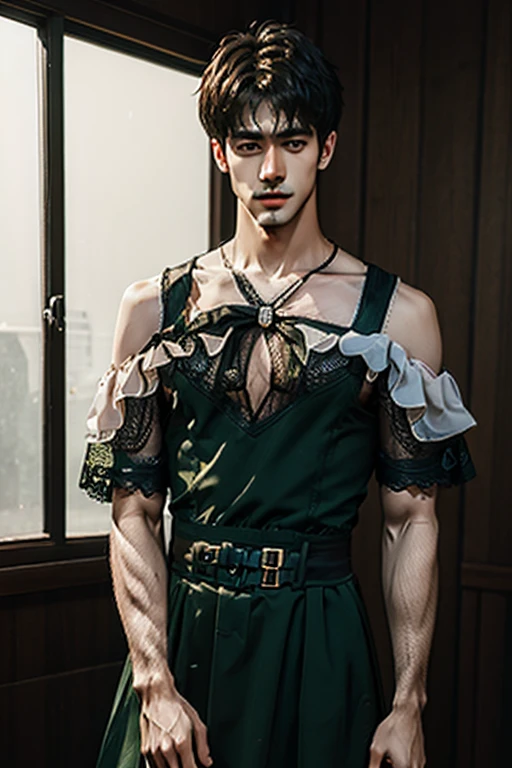 Young man wearing long green dress , off shoulder , hot man, hot male 