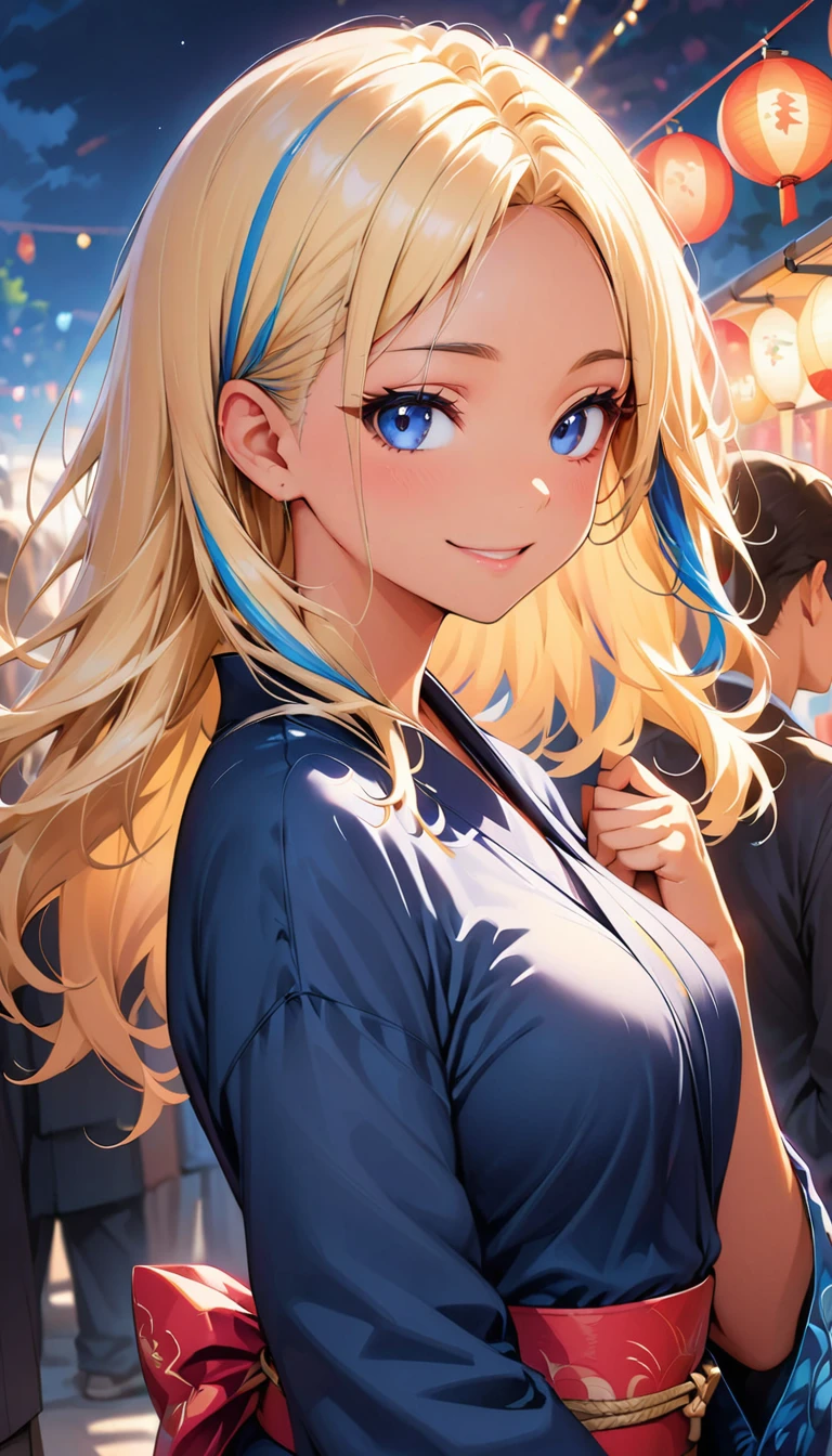 (highest quality:1.2, Very detailed, up to date, Vibrant, Ultra-high resolution, High Contrast, masterpiece:1.2, highest quality, Best aesthetics), Portraiture, girl, slim, 25 years old, Bright colors、Beautiful fine details、Beautiful lip detail、long hair, ((wavy hair:0.4))、messy hair, blonde and blue ((streaked hair:1.4)), highlights hair: 1.4, (medium breast:1), (tan skin:1.3), 、(traditional yukata), summer festival, bon dance, ((smile:1)), cowboy shot,