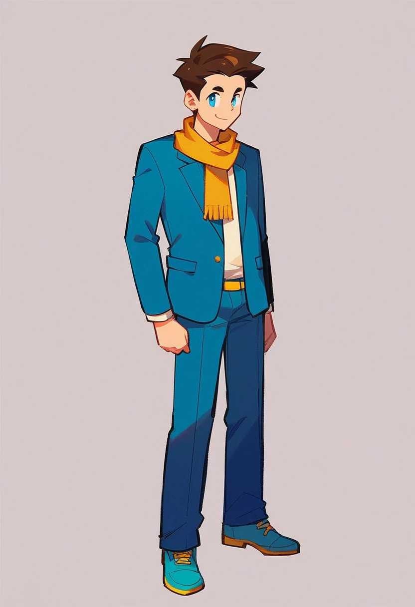 ken, solo, smile, brown hair, 1boy, standing, full body, male focus, blue eyes, fair skin, blue jaguar blazer with nothing under it, blue scarf, light blue shorts with a yellow belt, cyan shoes