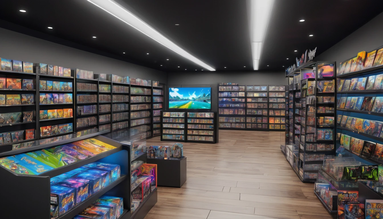 a video game store, detailed interior of a video game shop, aisle's of video games, shelves of video games, various game consoles, action figure aisle , gaming peripherals, bright and vibrant lighting, detailed textures, realistic 3D rendering, hyper realistic, photorealistic, dramatic lighting, moody atmosphere, dynamic composition, warm color tones, volumetric lighting, detailed reflections, intricate details, high resolution, best quality, 8k, masterpiece