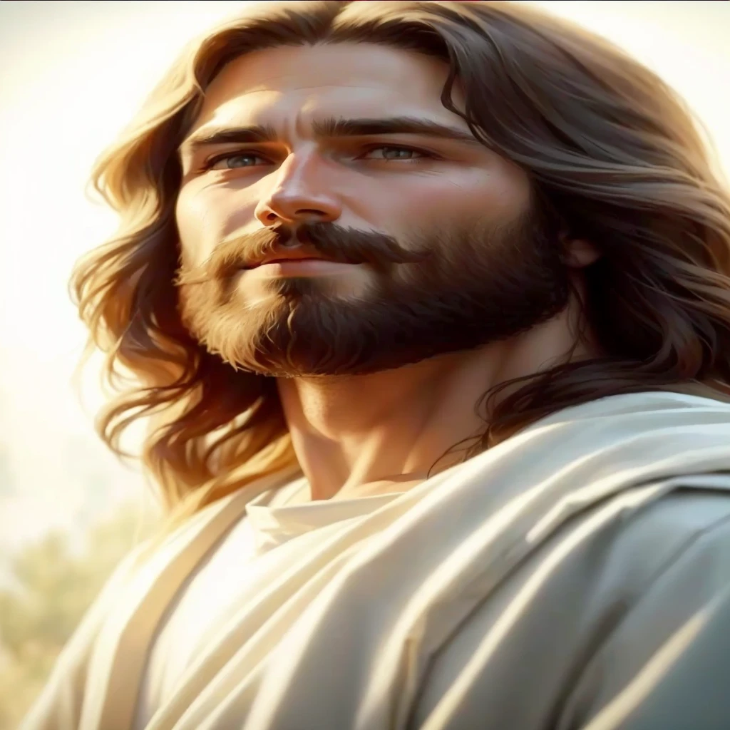 Jesus with long hair and beard looking up at heaven, JesusChrist, greg olsen, jesus face, portrait of JesusChrist, jesus, Jesus of Nazareth, Beautiful picture, nicodemus, senor, por Scott Gustafson, gigachad jesus, JesusChrist in mass effect, the senor and savior, Absolutely remarkable image, dressed like JesusChrist