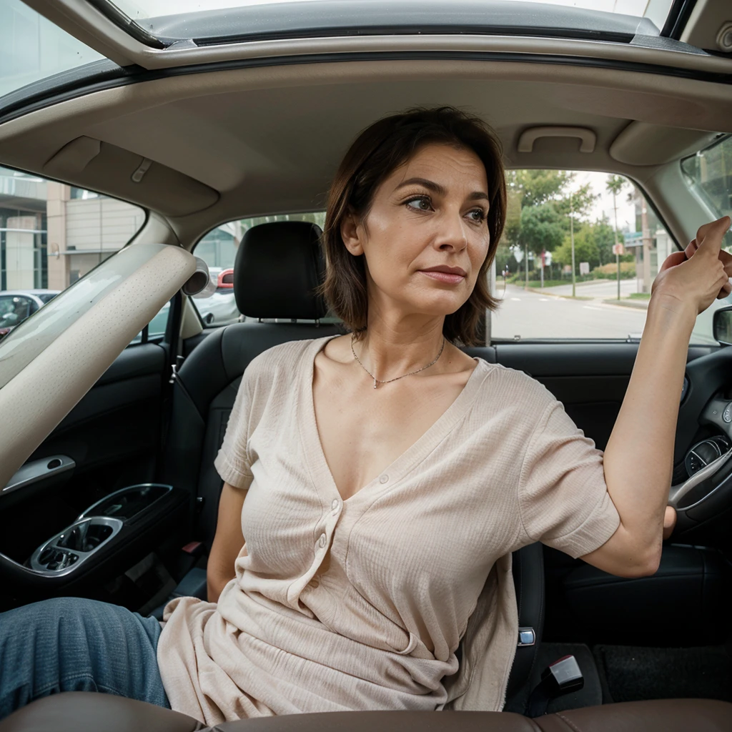 55 year old mother driving, turns her face to the right