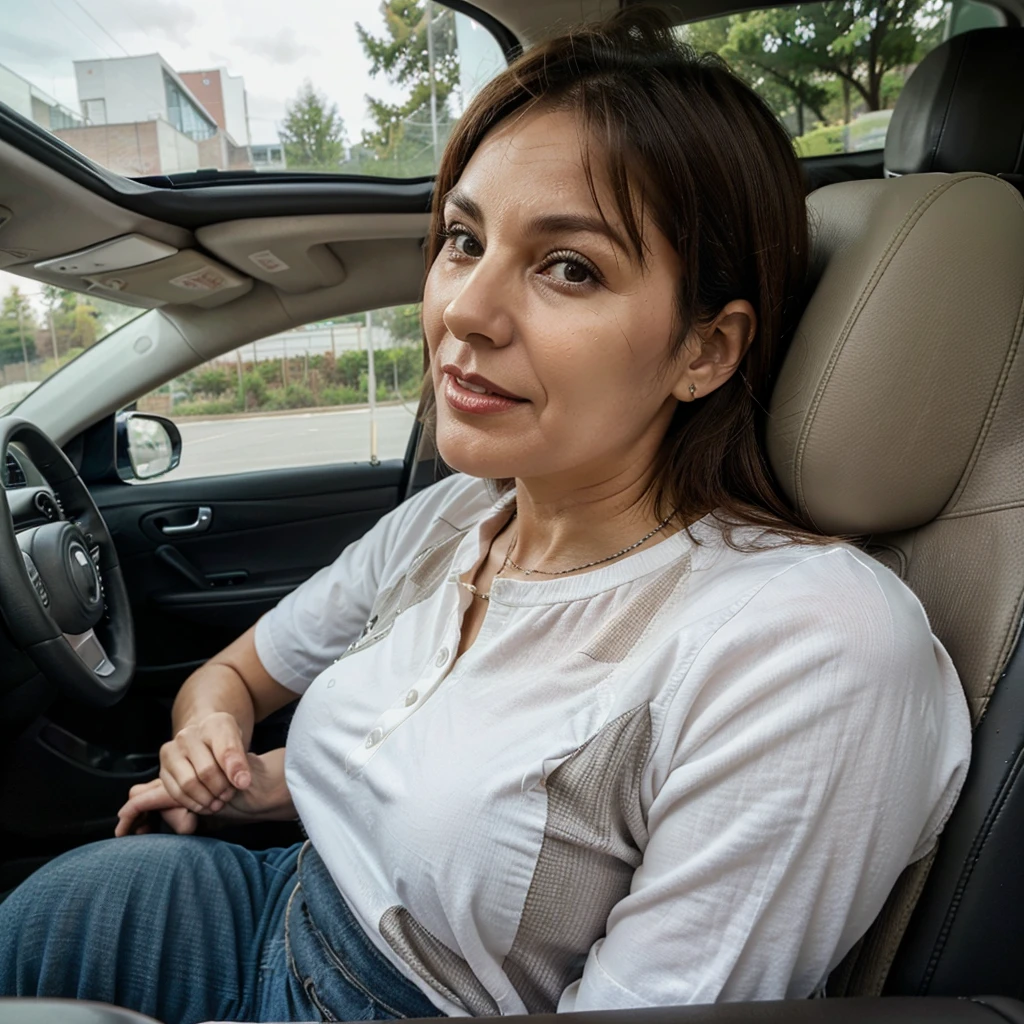 55 year old mother driving, turns her face to the right