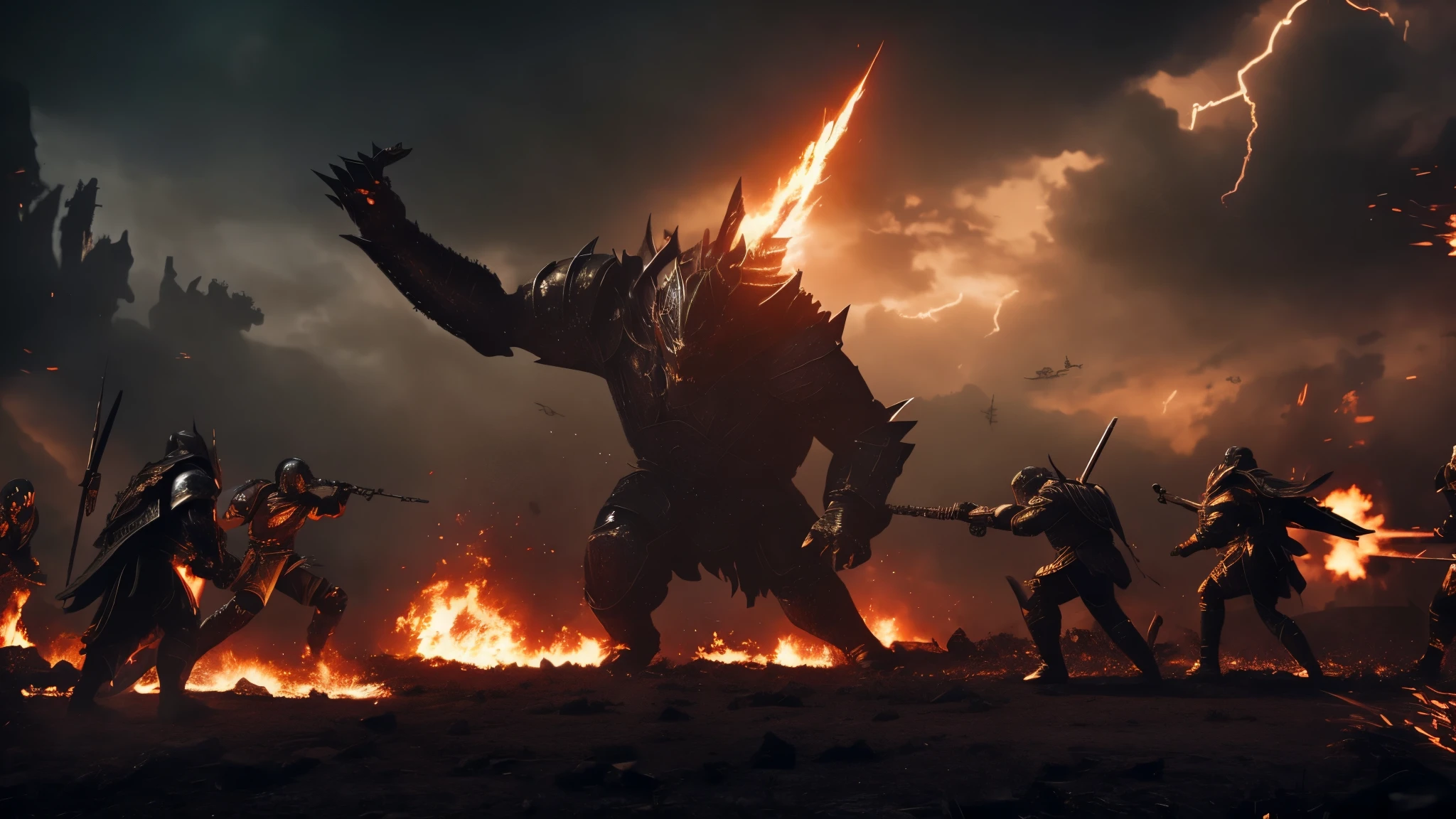 cinematic epic battle scene, massive dark monsters emerging, heroic warriors fighting in intense RPG action, 4k quality, cinematic flame trailer, dramatic lighting, highly detailed, photorealistic, masterpiece