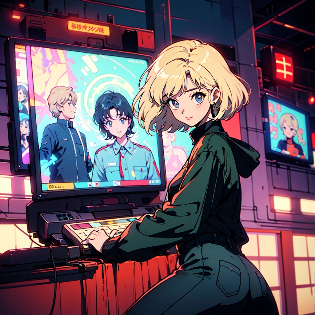 A city pop poster with a retro 80s feel、Imagine the album cover。With the highest quality anime illustrations、There is one blonde girl with short hair.。Her eyes shine blue、Dressed in rapper style clothing、I&#39;m wearing headphones。
The image is in a dynamic pose.、Drawn from a novel angle。Created in high definition like 4K、Creates the feeling of being in a dark room。The room was lit by blue lights.、It has a fantastic atmosphere。The room is a small space like a 1K.、The window offers a view of downtown Shinjuku.。
This work depicts a night city enveloped in neon lights.、This will be a record that allows you to fully enjoy the charm of city pop.。