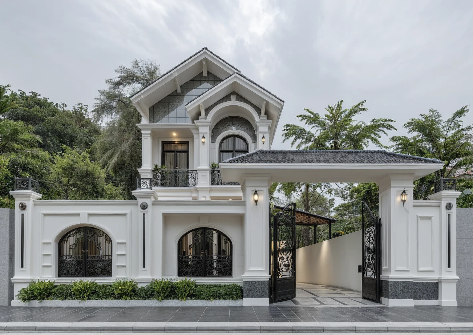 RAW photo, a photo of a modern house, (curvilinear archrchitecture:1.4), Wabisabi style rounded wall, white wall, steel black gate, sidewalk, sidewalk trees, ((grey gate:1.2)), road, viet nam modern residence, ((architectural shot)), rough white wall, new residential area, wide angle exterior 2022, contemporary house, exterior photography, masterpiece, contemporary architecture, overcast, indirect lighting