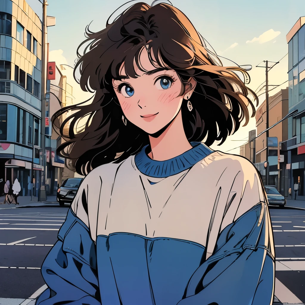 Very beautiful 18 year old Japanese woman, holding old cassette tape, cassette tape facing front,
whole body、Move your upper body slightly to the side and forward,4K、
White short-sleeved sweater、pedestrian crossing、Signal 、
intersection、Complex background、Detailed Hair、smile、blue eyes、Light brown hair,city, Signal, shy smile.
