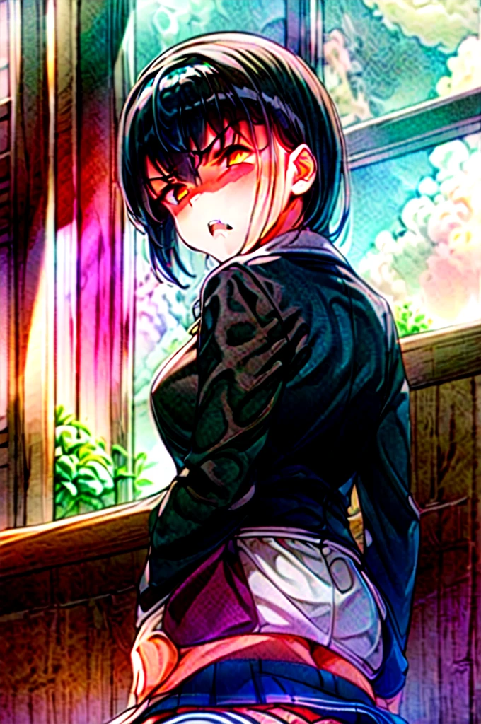 masterpiece, best quality, sunset, cowboy shot, view from below, 1girl, black hair, short hair, high ponytail, medium breasts, sitting on the desk, crossed legs, white sailor fuku, blue plate skirt, black socks, 
middle finger,
 IncrsGift, incoming gift,
 ((looking disgusted)), looking at viewer, ruby red eyes,
in the classroom,