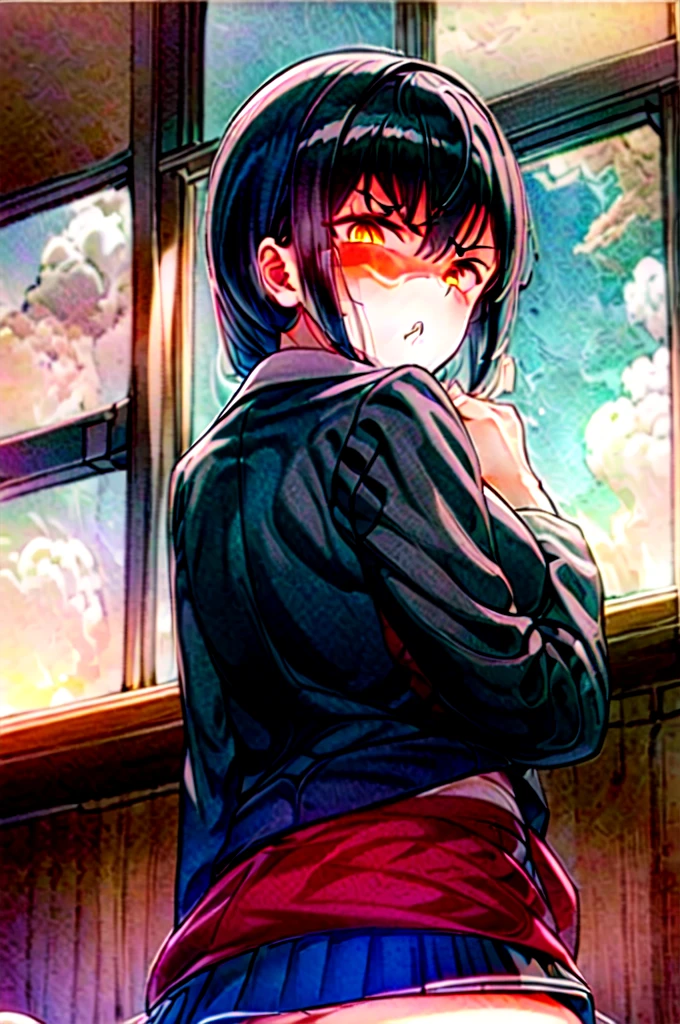 masterpiece, best quality, sunset, cowboy shot, view from below, 1girl, black hair, short hair, high ponytail, medium breasts, sitting on the desk, crossed legs, white sailor fuku, blue plate skirt, black socks, 
middle finger,
 IncrsGift, incoming gift,
 ((looking disgusted)), looking at viewer, ruby red eyes,
in the classroom,