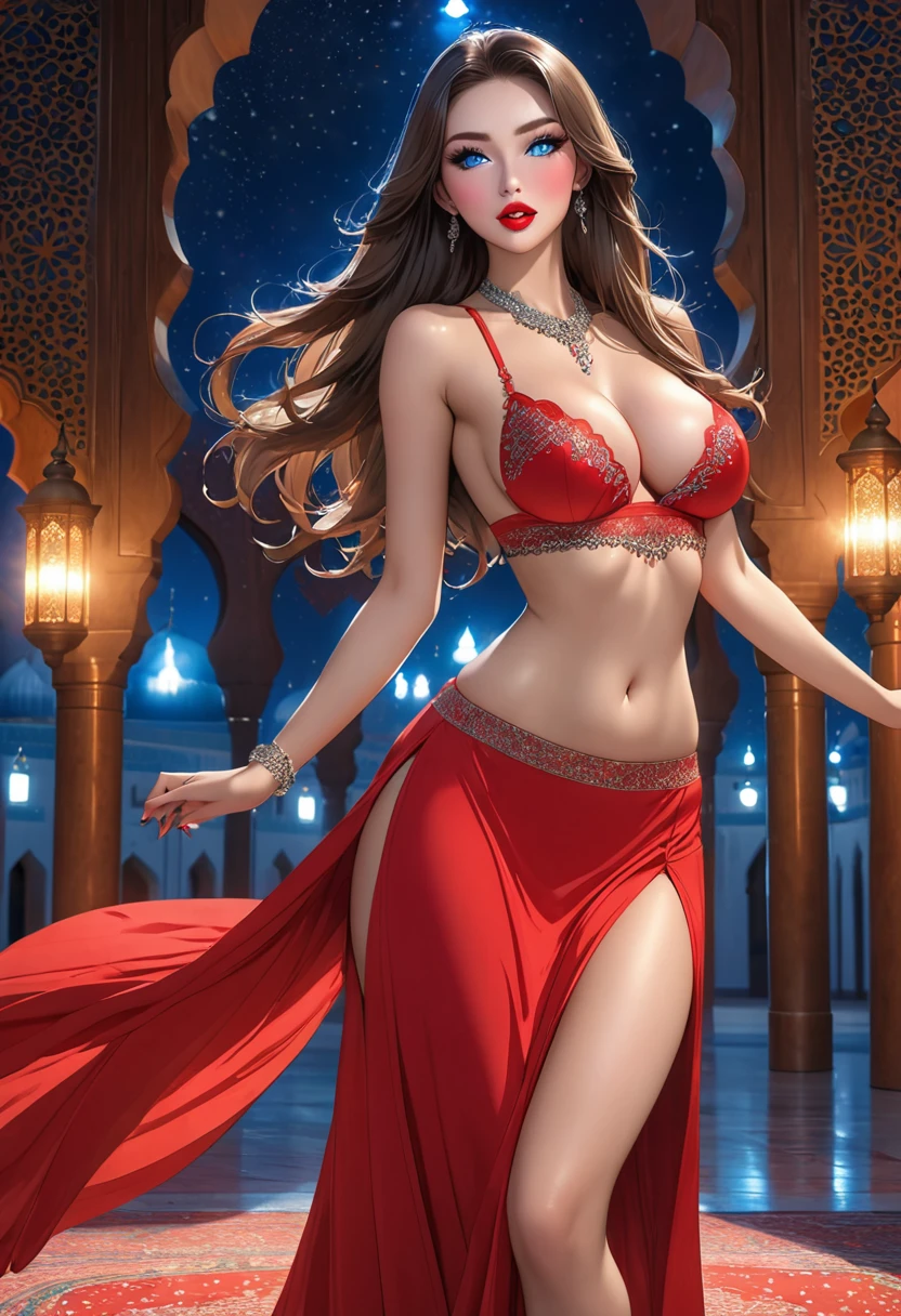 (((long hair))), (((inside mosque))), perfect face, blue eyes, juicy lips, red lips, thigh high, long skirt, nude, standing, night, makeup, mosque details, big breast, dancing