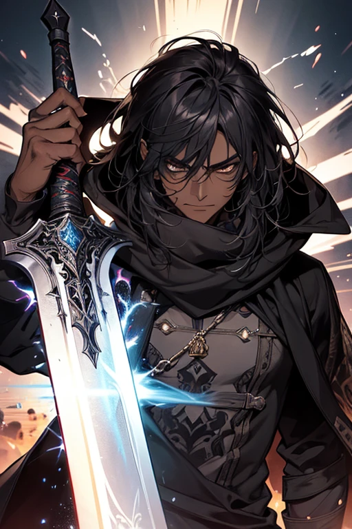 naughty man, grown-up, dark-skinned, long medium length hair with bangs, Bblack hair, olhos dark-skinned , warrior, sword with engravings and sparks of energy, ready to attack, tattoo's, hooded scarf, RPG