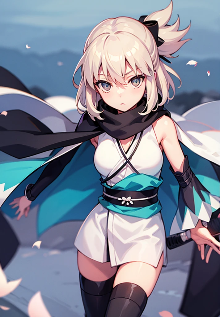 Best Quality, 1 girl, alone, okita_souji, white kimono, scarf, cowboy photography, outdoor, bare shoulders, bare shoulders, sleeveless, looking at the viewer,