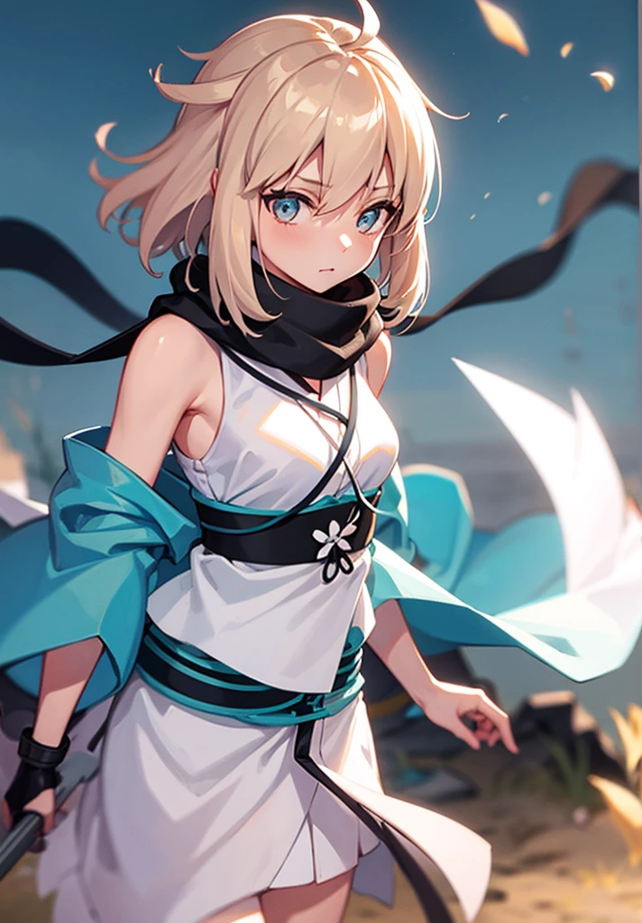 Best Quality, 1 girl, alone, okita_souji, white kimono, scarf, cowboy photography, outdoor, bare shoulders, bare shoulders, sleeveless, looking at the viewer, 