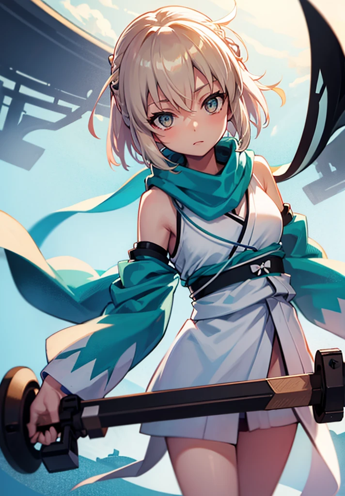 Best Quality, 1 girl, alone, okita_souji, white kimono, scarf, cowboy photography, outdoor, bare shoulders, bare shoulders, sleeveless, looking at the viewer,