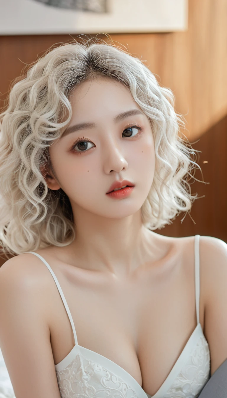 (Surrealism), (illustration), (high resolution), (8K), (Extremely detailed), (best illustration), (Beautiful and delicate eyes), (best quality), (Very detailed), (masterpiece), ( wallpaper), (Delicate face), solitary, 1 girl, White curly hair, Korean, Heterochromic Eyes, There is a small mole under the eye, Large Breasts, Long legs, Tight abdominal muscles, Dynamic poses,In the bedroom