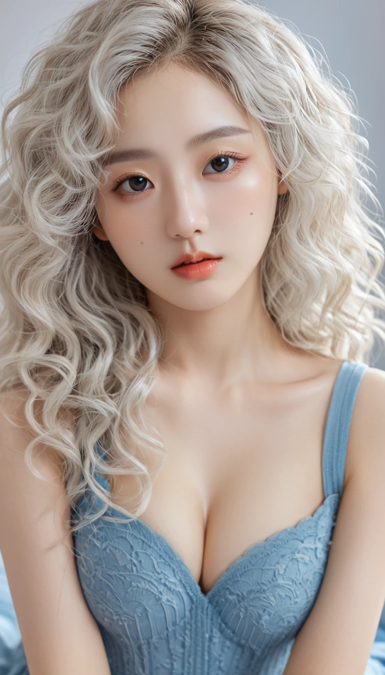 (Surrealism), (illustration), (high resolution), (8K), (Extremely detailed), (best illustration), (Beautiful and delicate eyes), (best quality), (Very detailed), (masterpiece), ( wallpaper), (Delicate face), solitary, 1 girl, White curly hair, Korean, Heterochromic Eyes, There is a small mole under the eye, Large Breasts, Long legs, Tight abdominal muscles, Dynamic poses,In the bedroom