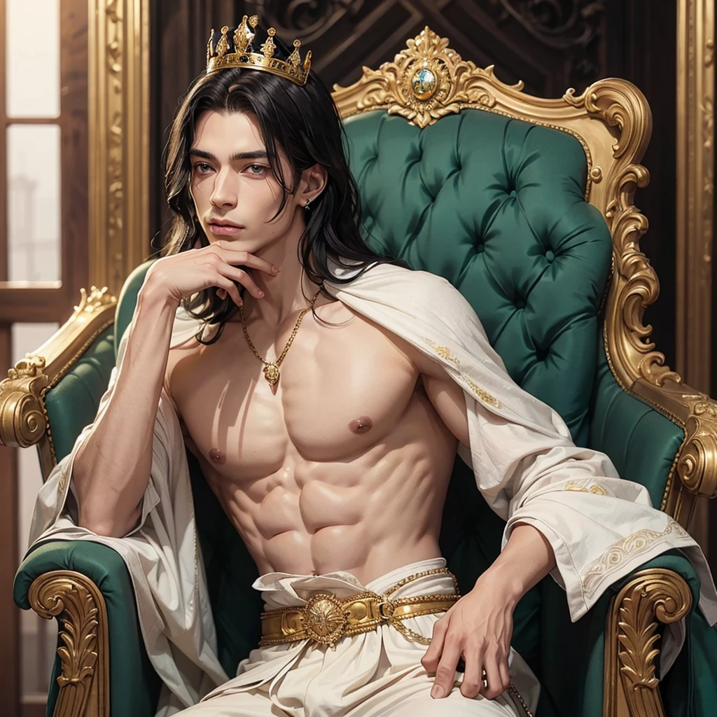 A man with a king's crown, the man with stunning appearance, having a 'V' shaped face, having a defined body with a defined and muscular chest, he has arms and hands, veins showing, he has healthy eyes slightly drawn, with light green eyes, he has long black hair that goes down to his waist, the color of his hair is black, he must have a piercing in his left ear, his skin tone is white, this man must be sitting on a royal throne while wearing luxurious black king clothes with some gold parts, bright lighting, the setting is on the royal throne of a king's castle.