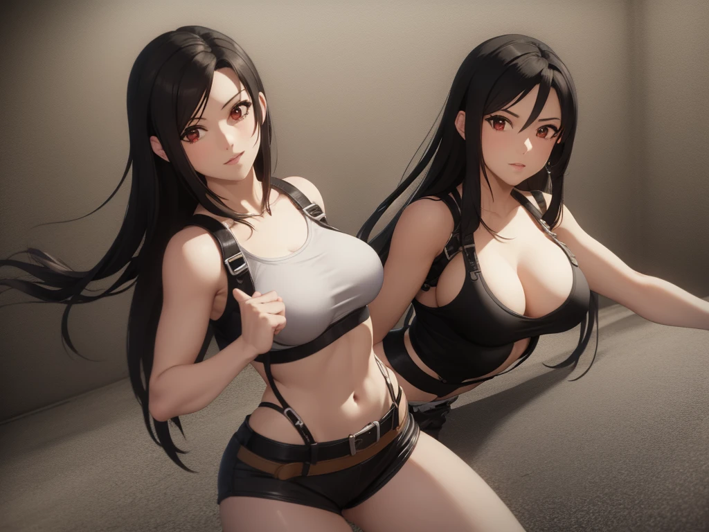 (8k, Highest quality, masterpiece:1.2), (Realistic, photo-Realistic:1.37), (whole body), Are standing, Spread your legs, (Wide Stance) Are standing contrapposto, Very detailed, 1 girl,cute, alone, (Tifa Lockhart), (Big Breasts), (beautiful detailed eye), (smile:1.2), (Mouth closed), Sharp focus, Depth of written boundary, Good composition, Final Fantasy VII, Black Hair, Very long straight hair, Hair bangs, ((red_eye)), Complex, Bokeh, (Tetsuya Nomura Style),  Perfect breasts, Purple lace bra, Purple T-back, (Camel Toe:1.5) Fat pubic area, Long gloves, stockings, garter, Toned body, Sports competition, Wide Hips, Narrow waist, Toned arms, Exposing the abdomen, View from the front