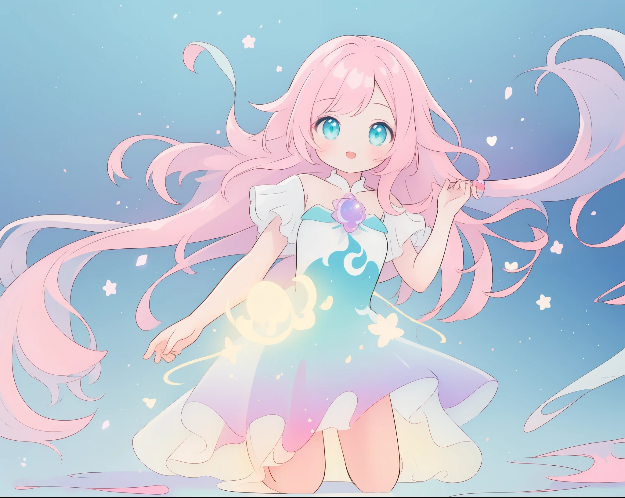 beautiful girl in sparkling white puffy dress, vibrant pastel colors, (colorful), magical lights, long flowing colorful pink hair, otherworldly aqua and blue landscape background, inspired by Glen Keane, inspired by Lois van Baarle, disney art style, by Lois van Baarle, glowing aura around her, by Glen Keane, jen bartel, glowing lights! digital painting, flowing glowing hair, glowing flowing hair, beautiful digital illustration, fantasia background, whimsical, magical, fantasy, beautiful face, ((masterpiece, best quality)), intricate details, highly detailed, sharp focus, 8k resolution, sparkling detailed eyes, liquid watercolor