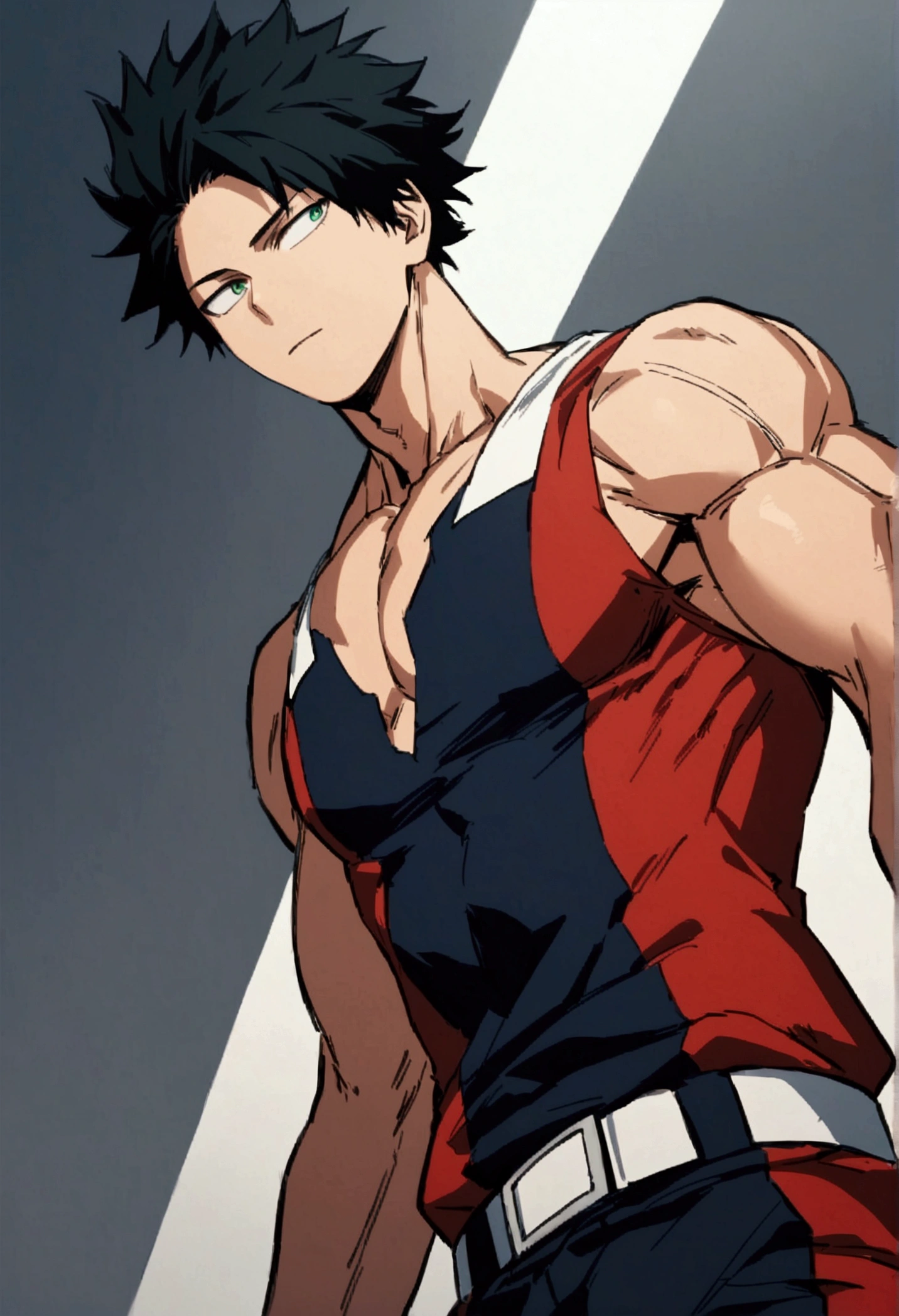 He is a 17 year old teenager, He has slightly disheveled very black hair..., somewhat light green eyes, (front angle ) , muscular body , He is dressed in the anime uniform. "my hero academia", without the shirt 