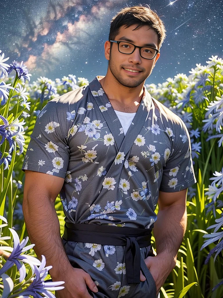 crew cut, (((full body))), mature man, [slightly fat], asian man, brown eyes, rounded face, glasses, slightly balding, (big shoulders), (((stubbles, Short beard))), (((full beard))), (Beautiful eyes:1.3), (Detailed face:1.3), masterpiece,best quality,high quality,(1male austere handsome solo adult age 30 years old:1.5), purple eyes, cool with suspended eyes, V-shaped eyebrows, body strong and fearless 8.5 head tall, height 185cm, (well-groomed black hair short to neck:1.4), (bangs 1.4), (short black hair parted into 7 thirds: 1.4), slender nose, facial muscles, throat, (summer yukata with short sleeves and pants with agapanthus flower print: 1.3), (stylish pose), (cool smile: 1.3), (background agapanthus flower field: 1.3), (Milky Way Night Sky: 1.3)