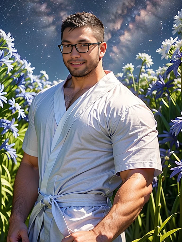 crew cut, (((full body))), mature man, [slightly fat], asian man, brown eyes, rounded face, glasses, slightly balding, (big shoulders), (((stubbles, Short beard))), (((full beard))), (Beautiful eyes:1.3), (Detailed face:1.3), masterpiece,best quality,high quality,(1male austere handsome solo adult age 30 years old:1.5), purple eyes, cool with suspended eyes, V-shaped eyebrows, body strong and fearless 8.5 head tall, height 185cm, (well-groomed black hair short to neck:1.4), (bangs 1.4), (short black hair parted into 7 thirds: 1.4), slender nose, facial muscles, throat, (summer yukata with short sleeves and pants with agapanthus flower print: 1.3), (stylish pose), (cool smile: 1.3), (background agapanthus flower field: 1.3), (Milky Way Night Sky: 1.3)