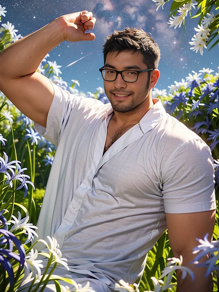 crew cut, (((full body))), mature man, [slightly fat], asian man, brown eyes, rounded face, glasses, slightly balding, (big shoulders), (((stubbles, Short beard))), (((full beard))), (Beautiful eyes:1.3), (Detailed face:1.3), masterpiece,best quality,high quality,(1male austere handsome solo adult age 30 years old:1.5), purple eyes, cool with suspended eyes, V-shaped eyebrows, body strong and fearless 8.5 head tall, height 185cm, (well-groomed black hair short to neck:1.4), (bangs 1.4), (short black hair parted into 7 thirds: 1.4), slender nose, facial muscles, throat, (summer yukata with short sleeves and pants with agapanthus flower print: 1.3), (stylish pose), (cool smile: 1.3), (background agapanthus flower field: 1.3), (Milky Way Night Sky: 1.3)