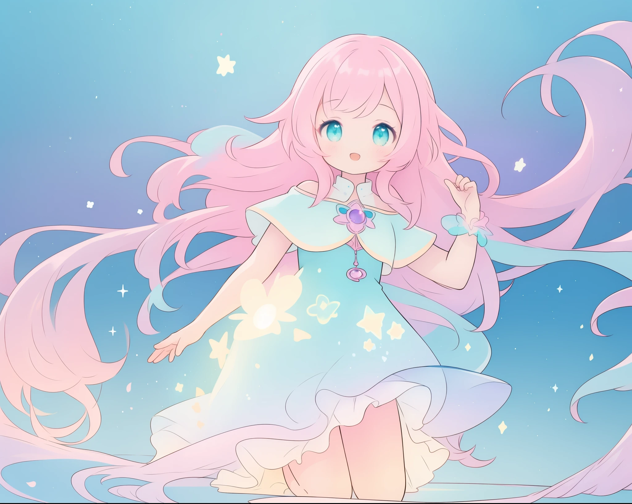 beautiful girl in sparkling white puffy dress, vibrant pastel colors, (colorful), magical lights, long flowing colorful pink hair, otherworldly aqua and blue landscape background, inspired by Glen Keane, inspired by Lois van Baarle, disney art style, by Lois van Baarle, glowing aura around her, by Glen Keane, jen bartel, glowing lights! digital painting, flowing glowing hair, glowing flowing hair, beautiful digital illustration, fantasia background, whimsical, magical, fantasy, beautiful face, ((masterpiece, best quality)), intricate details, highly detailed, sharp focus, 8k resolution, sparkling detailed eyes, liquid watercolor