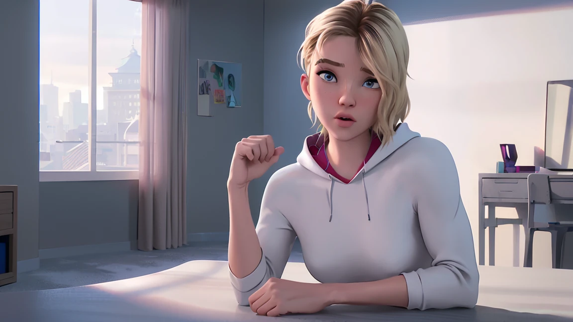 realistic, realism, photorealism, photo-realistic, high contrast, (photorealistic:1.4), (perfect female figure, med breast, full body, muscular body, six pack, strong body, muscular build, Muscular medium woman, muscular arms,strong legs, six pack), 8k high definition detailed realistic, (best quality, masterpiece:1.2), photon mapping, radiosity, physically-based rendering, best quality, highly detailed, 1girl, sgwen, outdoors, hoodie, ((In a causal room, white walls, a desk in the background, daylight coming in from a windo)), ((ambient light coming from the window)), (((Med view)))) pussy, ass, cameltoe, underwear, bra, nipples, slut, sexy, nsfw, 