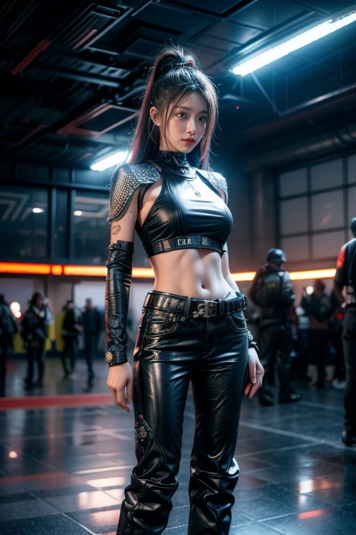 A 22-year-old cyborg hacker girl, beautiful detailed eyes, large breasts, ancient oriental hairstyle, wearing combat suit with futuristic technology, embellished with sparkly motifs and badges, dark blue skinny jeans, cyberpunk style setting, futuristic lighting and ray tracing, unreal engine 5, rule of thirds composition, (best quality, 8k, photorealistic, physically-based rendering, extreme detail, vivid colors:1.37), full body