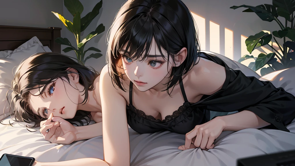 (perfect anatomy:1.2)(absurdres, highres, ultra detailed),masterpiece,best quality,high resolution,8k,Realistic face,Realistic skin texture,magnified textures, stunning clarity,detailed anime girl,(ultra detailed eyes and face),(1 girl:1.5)21years old,she is office worker,,black hair, bob cut, No-makeup look,,Black camisole,cleavage cutout,Lying on her bed on her back,look down smartphone,sleepy eyes,small nose,roundface,Women's Apartments in suburb,faint light,indirect lighting,midnight,,(sleepy),cowboy shot,Foliage plant