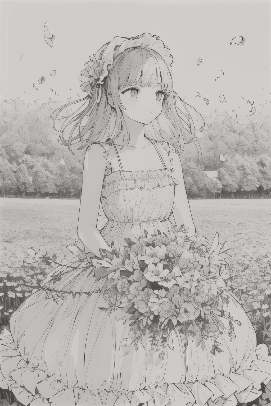 work of art, best qualityer, 1 girl, standing alone, far away_body hair, gazing_phi_viewer, ssmile, bangss, overskirt, chemise, far away_sleeveless, hphi, don, 弓, containment, closed up_gura, flowers, volantes, body hair_flowers, petals, bouquet, containment_flowers, downtown_volantes, bonnet, containment_bouquet, flowers field, flowers field, arte linear, mophicromático,  body hair_blond, eyeballs_purple