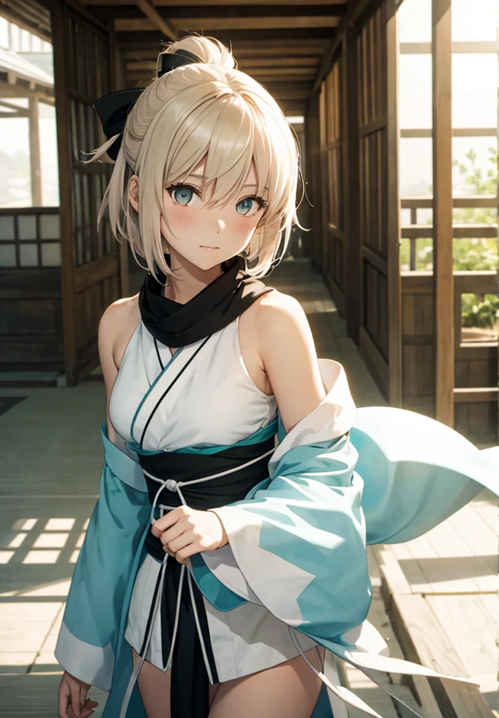 Best Quality, 1 girl, alone, okita_souji, white kimono, scarf, cowboy photography, outdoor, bare shoulders, bare shoulders, sleeveless, looking at the viewer,
