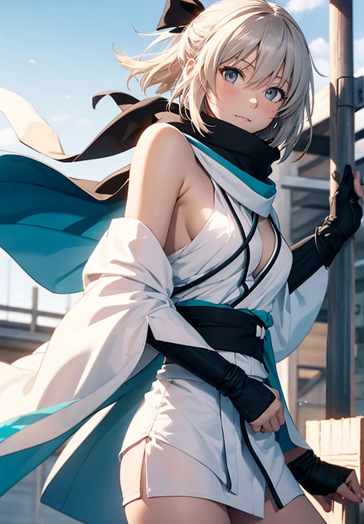 Best Quality, 1 girl, alone, okita_souji, white kimono, scarf, cowboy photography, outdoor, bare shoulders, bare shoulders, sleeveless, looking at the viewer, 