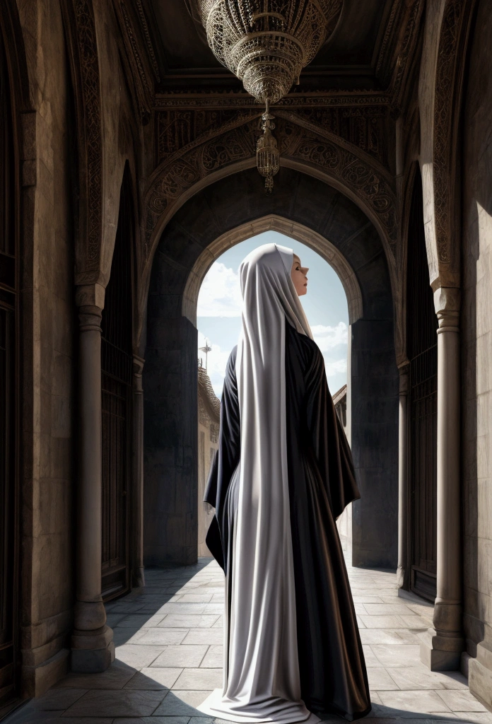 ((the girl is wearing a simple white hijab)), long hijab, ((she is wearing a very long simple white loose abaya)), the abaya has long sleeves, ((extremely long abaya)), long veil, back view, back view, he was in a narrow, dark and winding corridor in a building, the building looked old and unkempt and messy, in the building there were many markets, in the corridor there were many shops lit by lights, traditional shop, traditional market, there was a corridor road branches, one of which led to the outside. Outside, the blue clouds and white sky showed that the building he was in was on the top floor, XL more detail,Architectural100,clouds,scenery,sky,high saturation,extremely detailed
