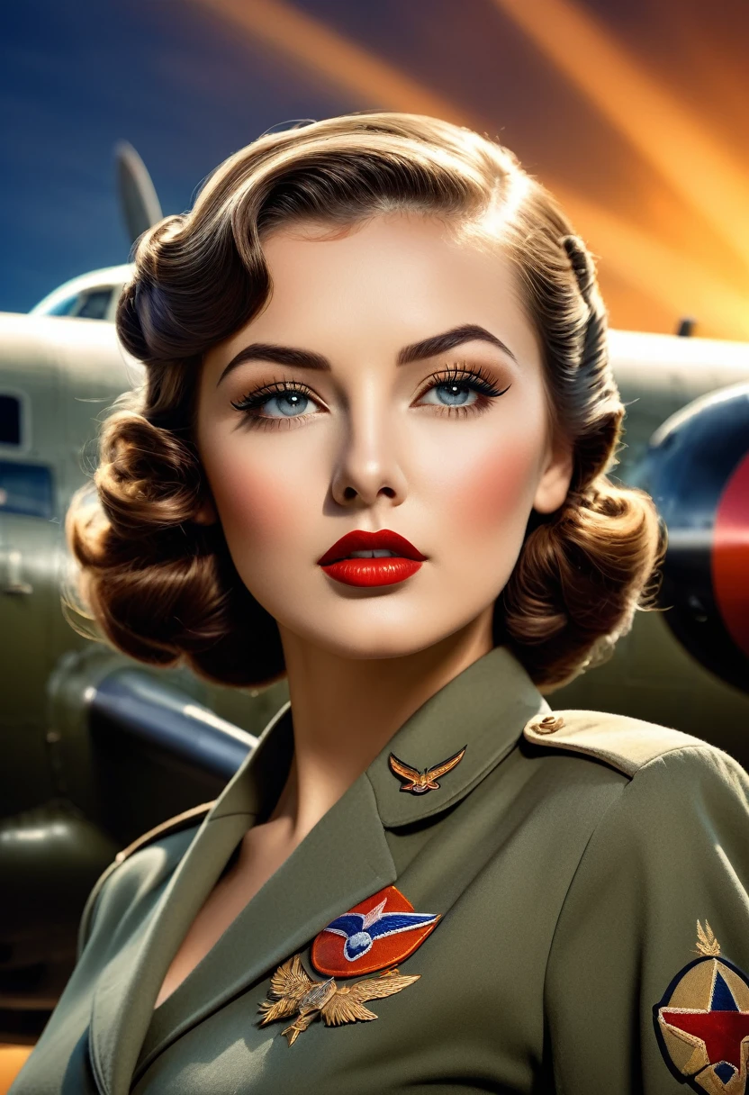 a beautiful woman, art deco style, world war 2 bomber nose art, intricate details, highly detailed, photorealistic, dramatic lighting, vibrant colors, cinematic composition, stunning facial features, alluring expression, elegant hairstyle, vintage military uniform, detailed textures, glossy metallic accents, dynamic pose, atmospheric background, cinematic lighting, masterpiece