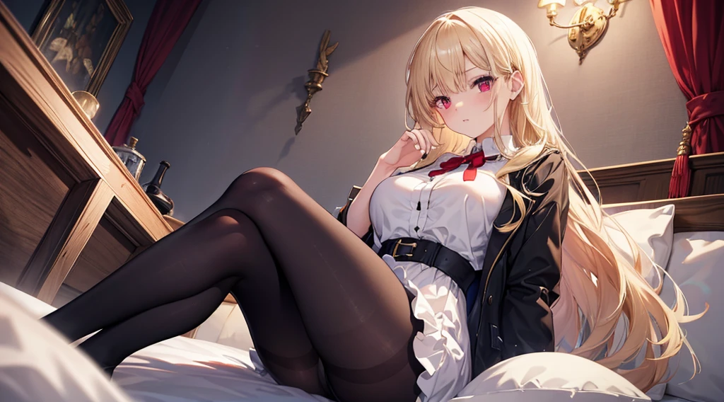 Highest quality, masterpiece, figure, wallpaper,One girl,White shirt, Light Hair, Beautiful detailed girl, Highly detailed eyes and face, Beautiful attention to detail, Shine,Browsing Caution, View your viewers, bed, night, Black Pantyhose, Straight hair, Red Eyes, long hair,Blonde, thick_Thighs, Large Breasts, Red eyes,Sitting、Five fingers、Fingers crossed,clear background