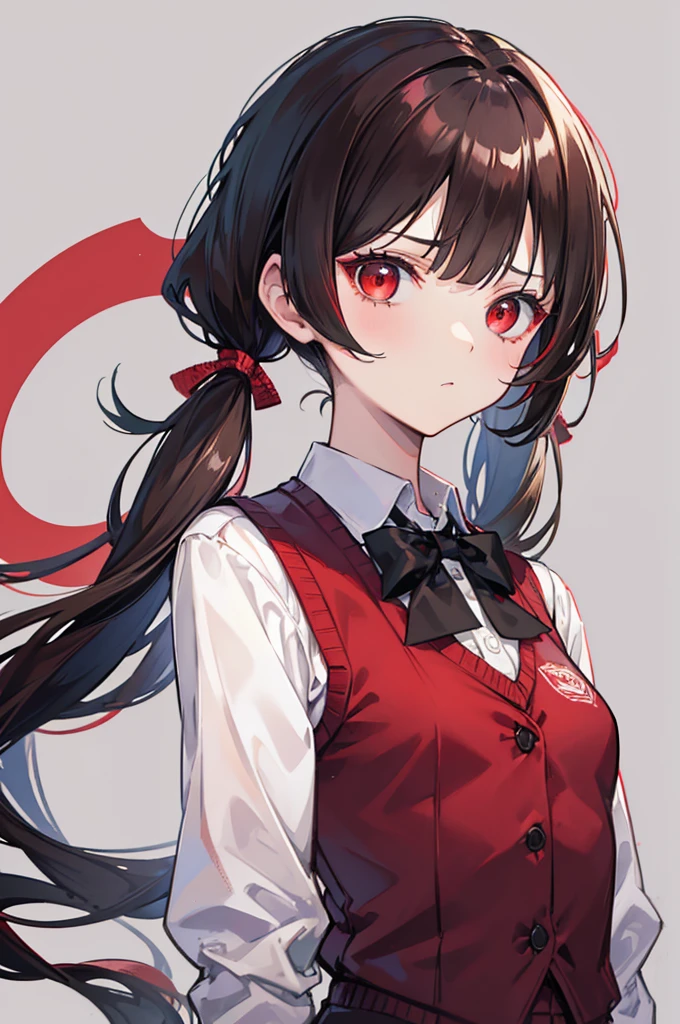 dark brown hair, short twintail, portrait, pretty girl, Grumpy, red eyes, Dodoham, small breasts, Bored look, parting, frill shirt, Black cardigan