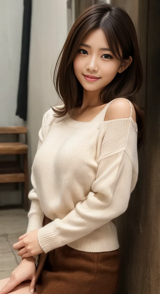 Summer Sweaterを着た日本女性、 (((masterpiece))), ((Highest quality)), ((Intricate details)), (((超Realistic)), irrational solution, Near and far, Very detailed, Realistic, 1 girl, ((Small breasts)), Perfect hands, Finger details, Beautiful and detailed, short hair, Brown eyes,(Summer Sweater:1.2), Tight Skirt, Detailed Background, Perfect Eyes, Captivating eyes, Looking at the audience, from the front、Laughter、Moles around the mouth