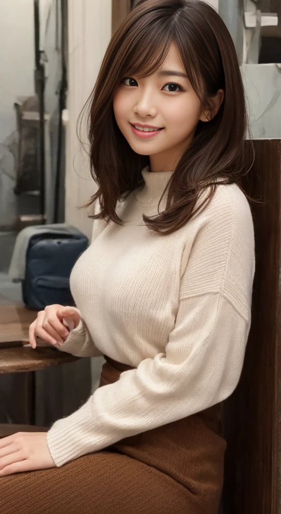Summer Sweaterを着た日本女性、 (((masterpiece))), ((Highest quality)), ((Intricate details)), (((超Realistic)), irrational solution, Near and far, Very detailed, Realistic, 1 girl, ((Small breasts)), Perfect hands, Finger details, Beautiful and detailed, short hair, Brown eyes,(Summer Sweater:1.2), Tight Skirt, Detailed Background, Perfect Eyes, Captivating eyes, Looking at the audience, from the front、Laughter、Moles around the mouth