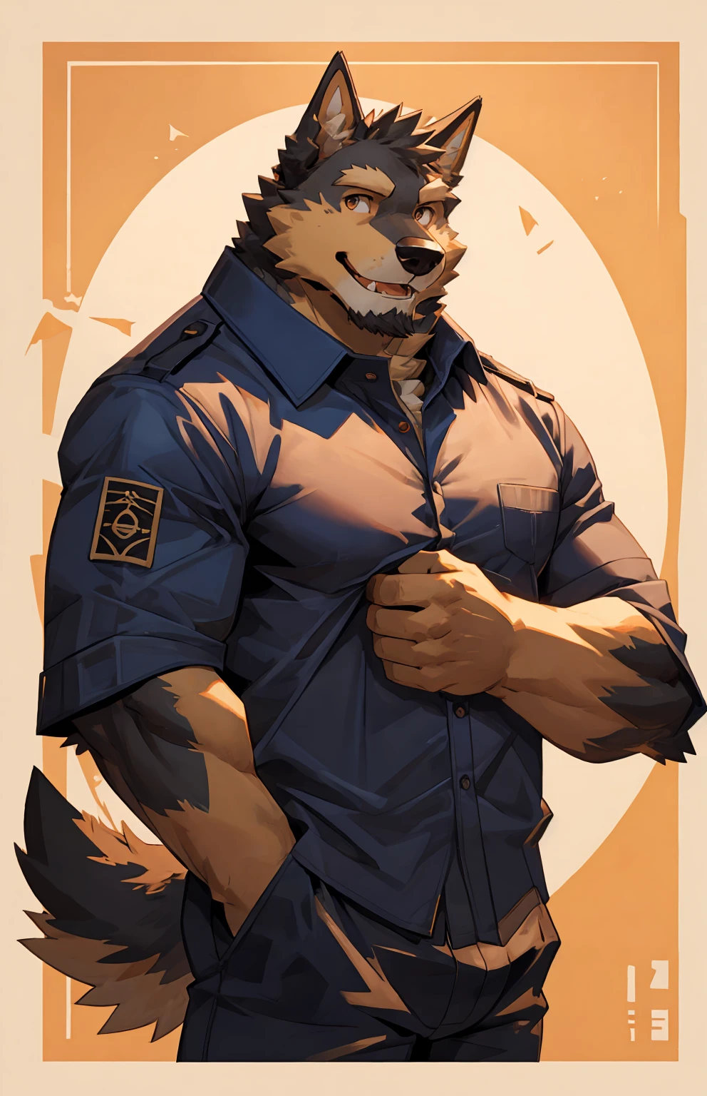 solo, pubraseer, furry german sheperd dog, muscular body, handsome, Smiling, mouth open, holding glassess, cool pose, casual shirt, casual pants.