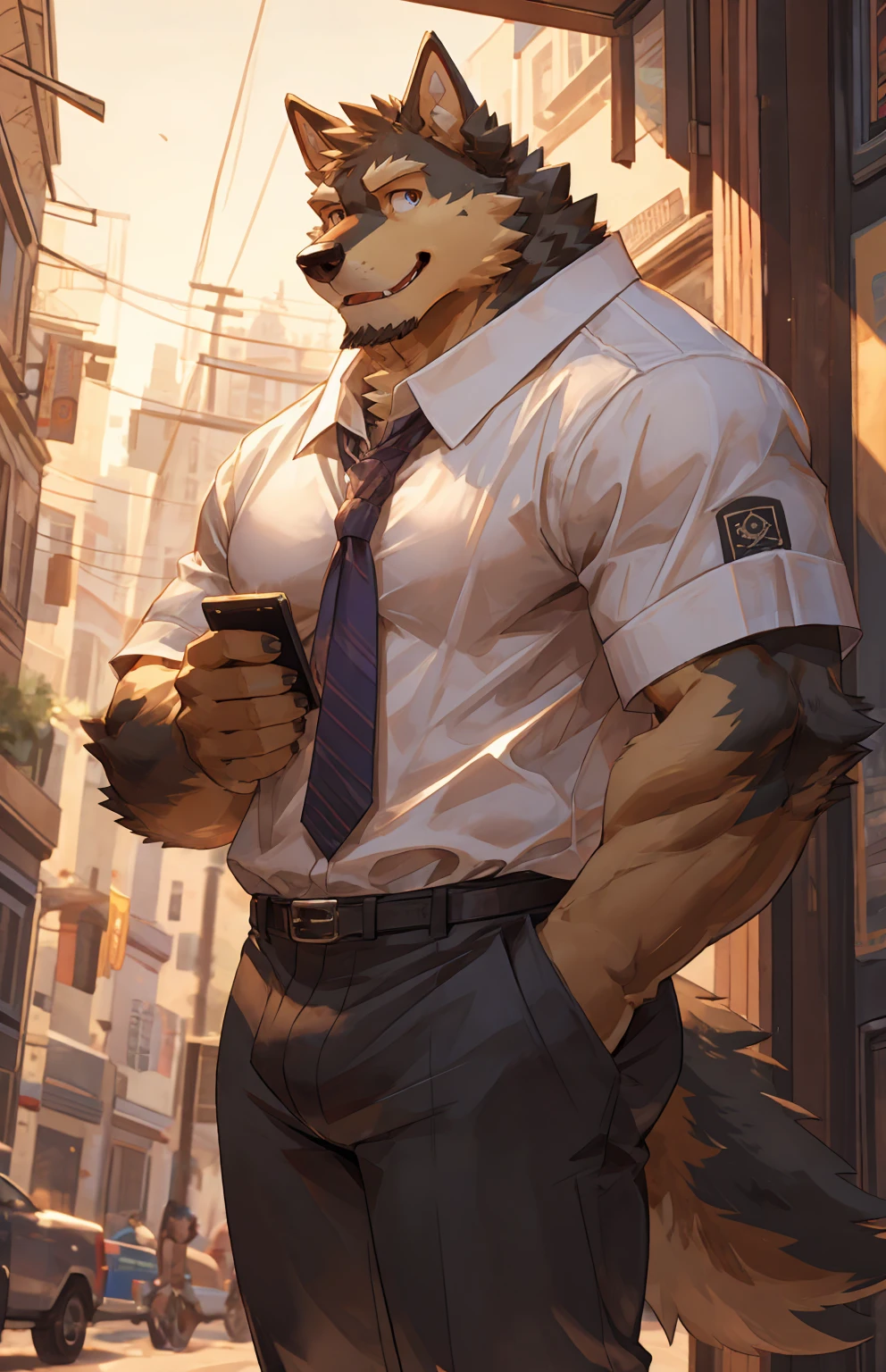 solo, pubraseer, furry german sheperd dog, muscular body, handsome, Smiling, mouth open, holding glassess, cool pose, casual shirt, casual pants.