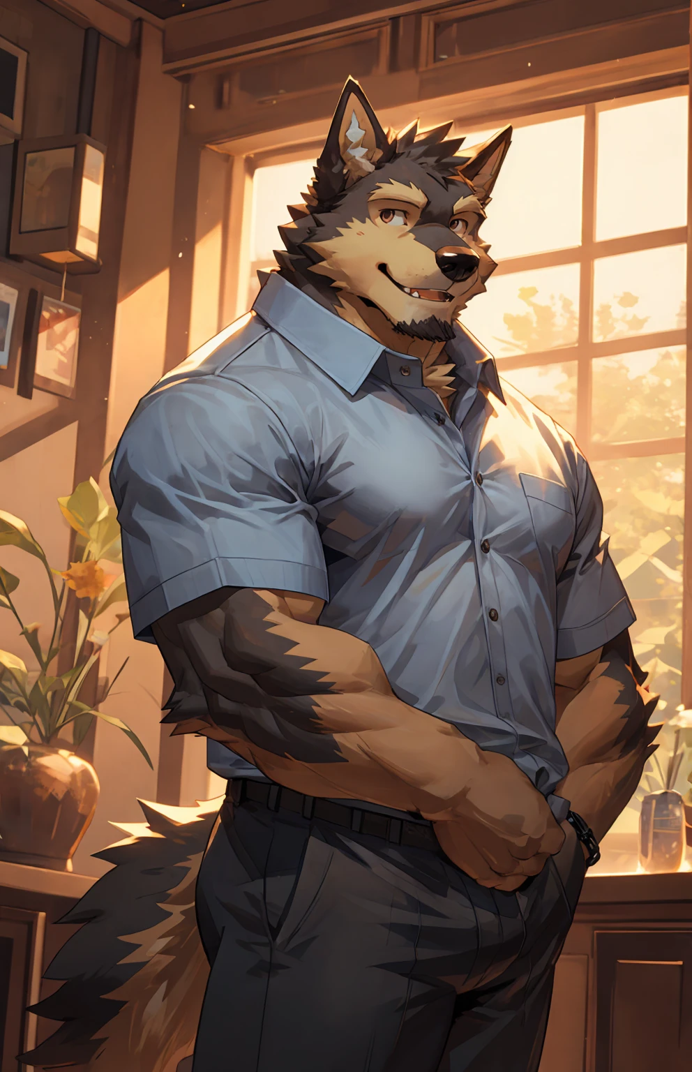 solo, pubraseer, furry german sheperd dog, muscular body, handsome, Smiling, mouth open, holding glassess, cool pose, casual shirt, casual pants.