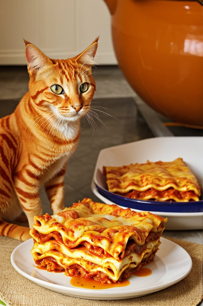 Orange cat eats lasagna